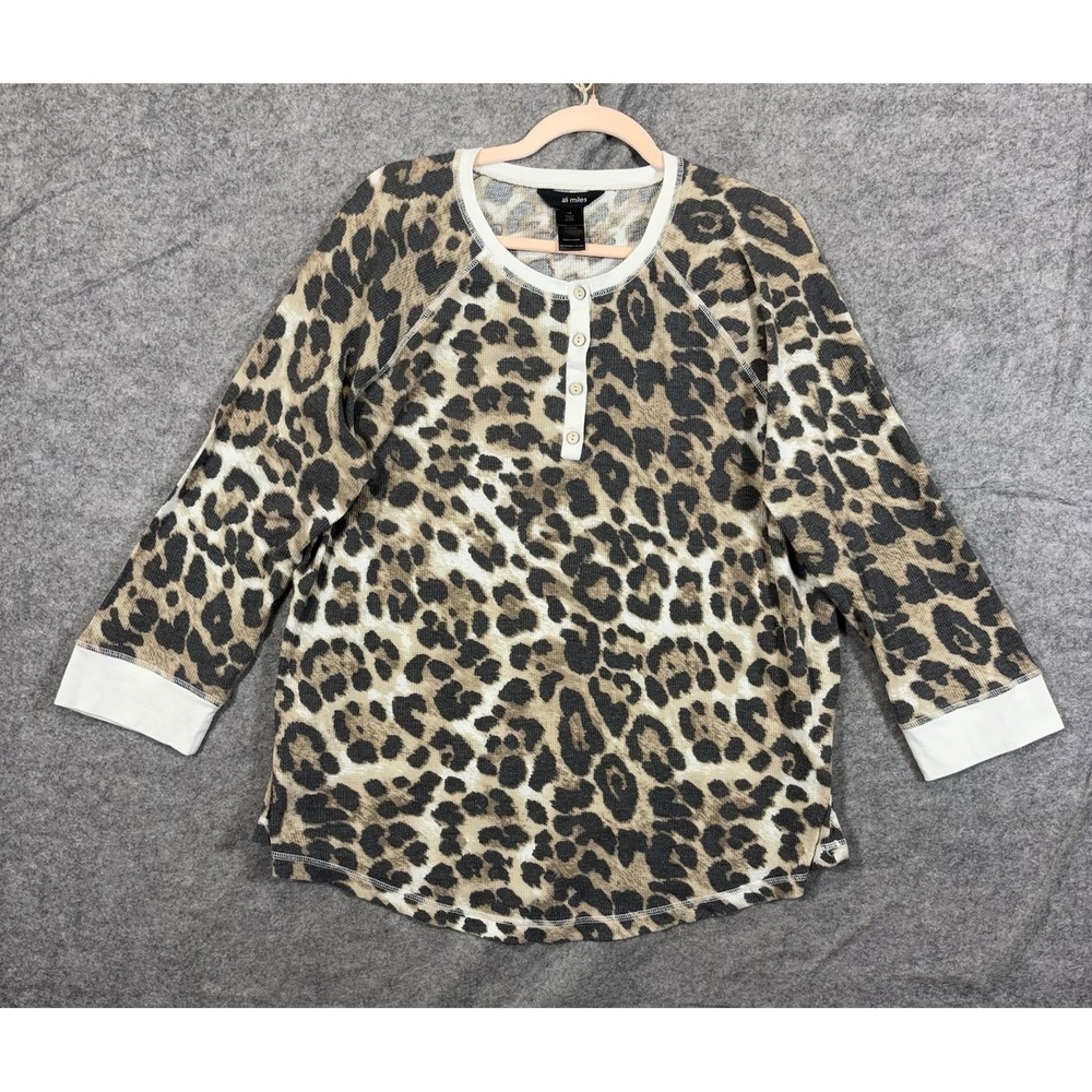 Ali Miles Waffle Knit Henley Top Womens 1X Brown Leopard Stretch